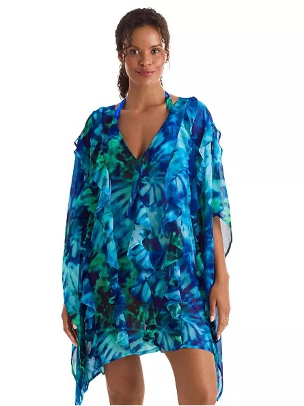 Mimi Flamingo Breeze Poncho Sheer Ruffle Tunic Women S/M Blue Green Resort Beach